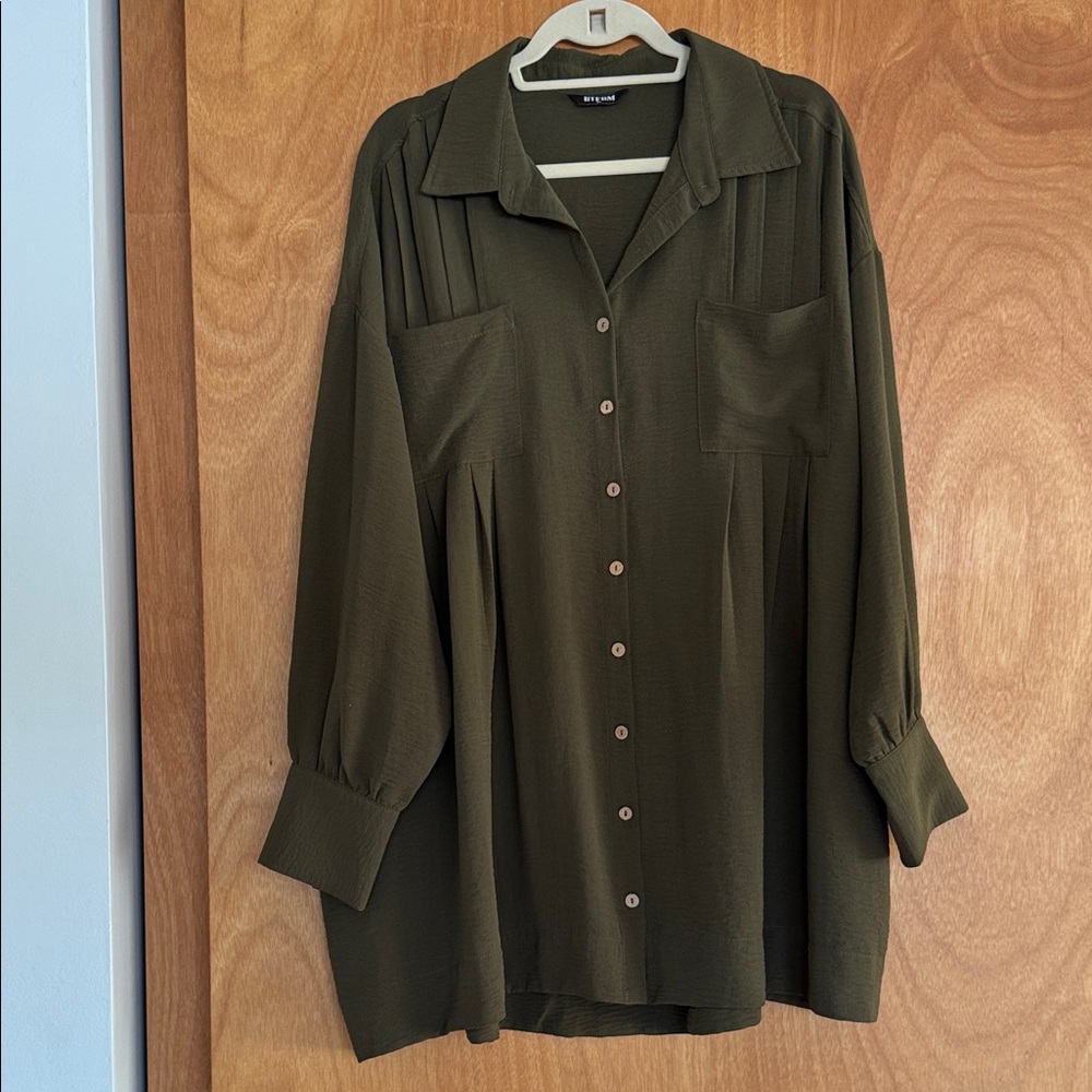 Olive Green Oversized Pleated Button-Up Blouse